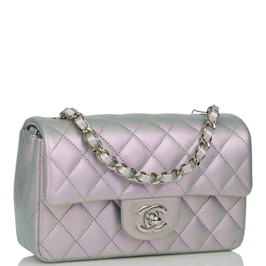 Chanel Mini Rectangular Flap Bag Purple Iridescent Quilted Lambskin Silver Hardware Rovelle Bags