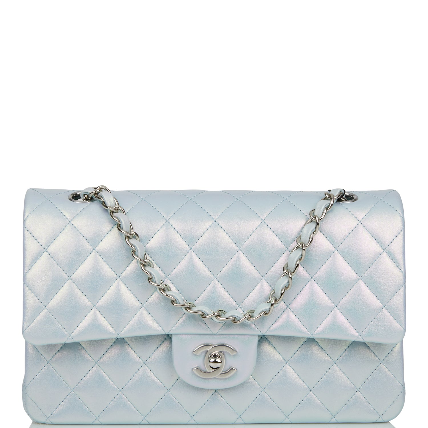 Chanel Medium Classic Double Flap Bag Blue Iridescent Lambskin Silver Hardware Rovelle Bags