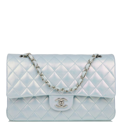 Chanel Medium Classic Double Flap Bag Blue Iridescent Lambskin Silver Hardware Rovelle Bags