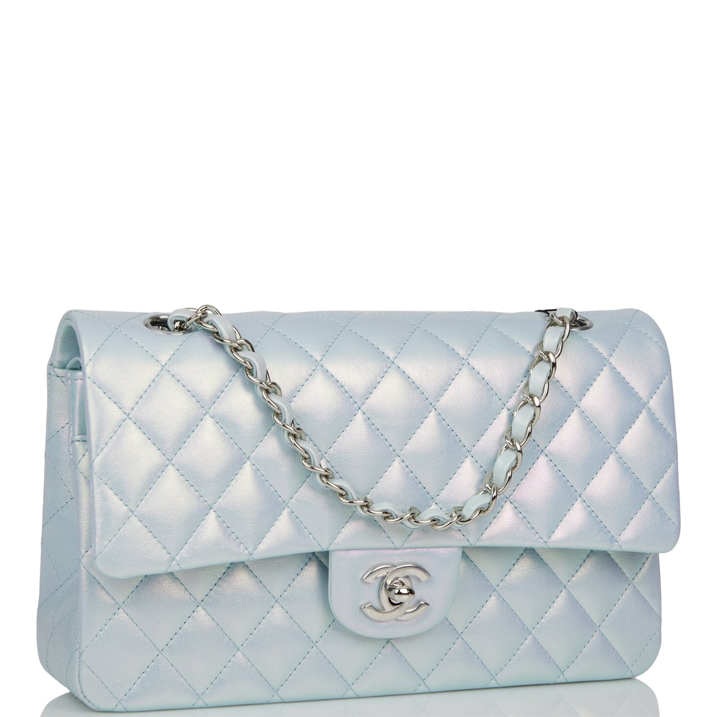 Chanel Medium Classic Double Flap Bag Blue Iridescent Lambskin Silver Hardware Rovelle Bags