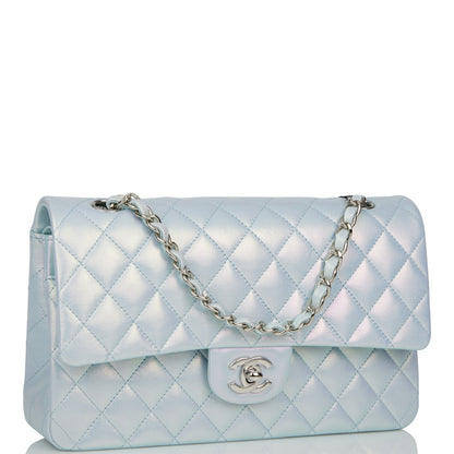 Chanel Medium Classic Double Flap Bag Blue Iridescent Lambskin Silver Hardware Rovelle Bags