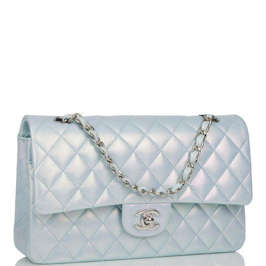 Chanel Medium Classic Double Flap Bag Blue Iridescent Lambskin Silver Hardware Rovelle Bags