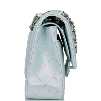 Chanel Medium Classic Double Flap Bag Blue Iridescent Lambskin Silver Hardware Rovelle Bags