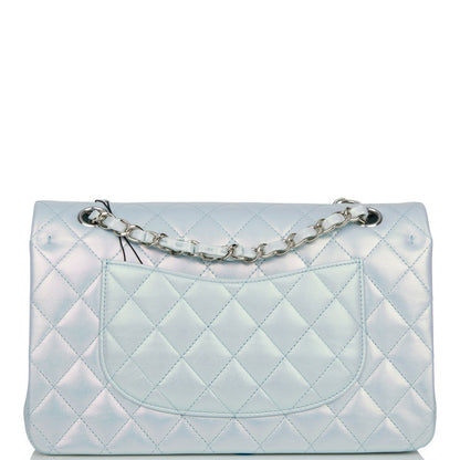 Chanel Medium Classic Double Flap Bag Blue Iridescent Lambskin Silver Hardware Rovelle Bags