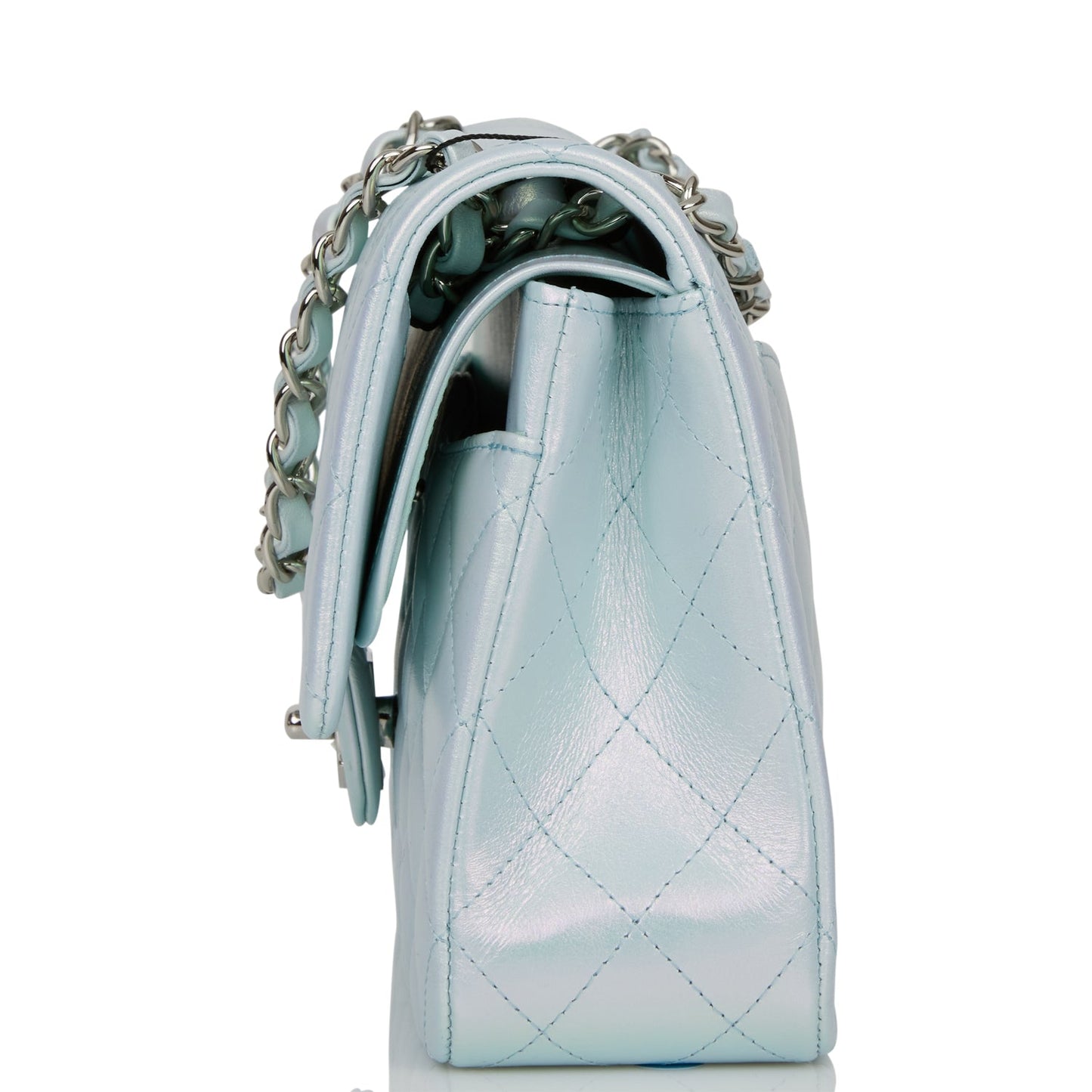 Chanel Medium Classic Double Flap Bag Blue Iridescent Lambskin Silver Hardware Rovelle Bags