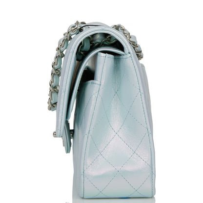 Chanel Medium Classic Double Flap Bag Blue Iridescent Lambskin Silver Hardware Rovelle Bags