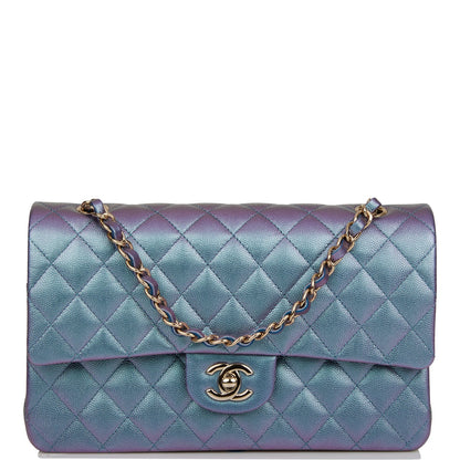 Chanel Medium Classic Double Flap Bag Blue Iridescent Caviar Light Gold Hardware Rovelle Bags