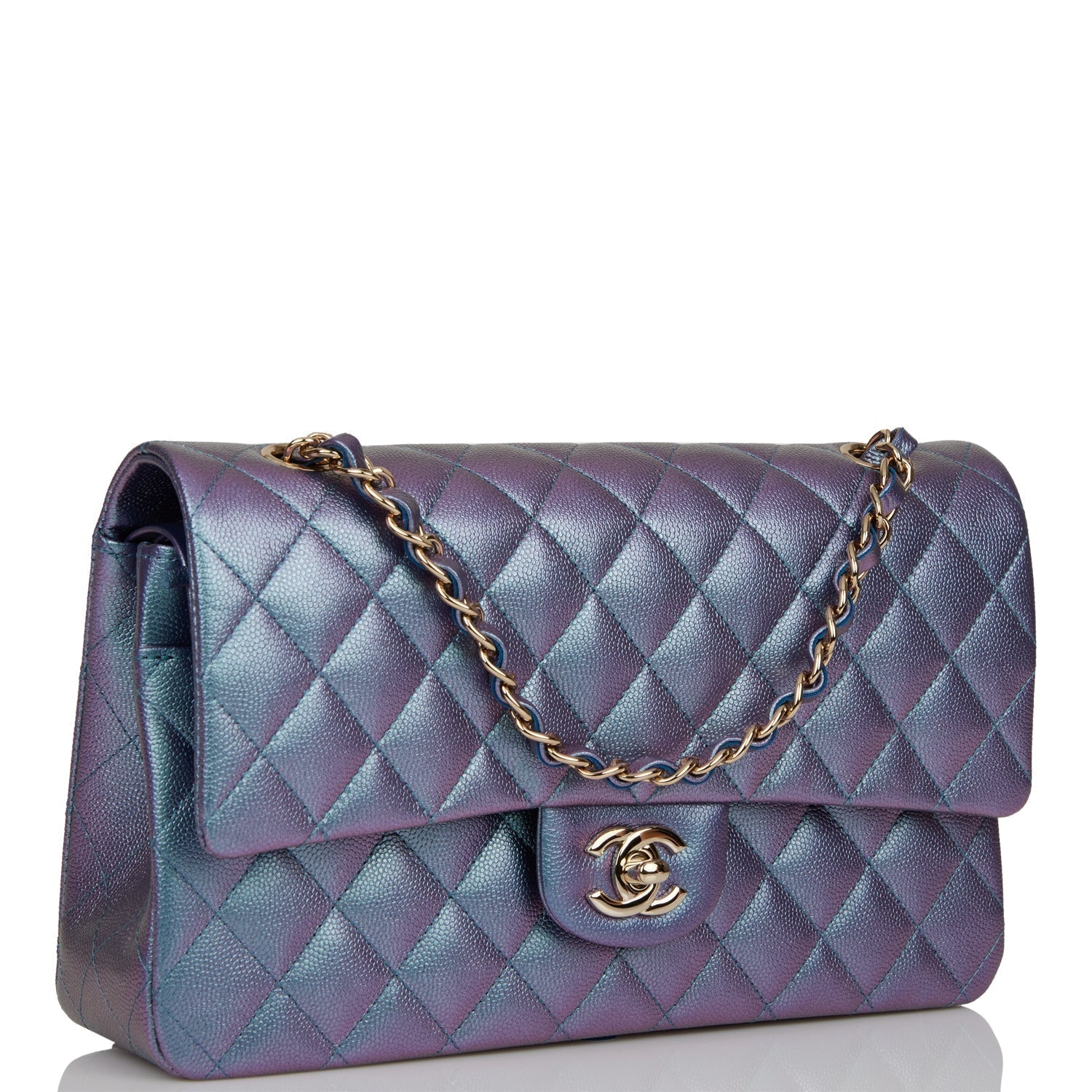 Chanel Medium Classic Double Flap Bag Blue Iridescent Caviar Light Gold Hardware Rovelle Bags