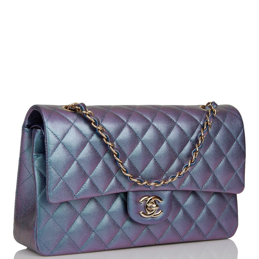 Chanel Medium Classic Double Flap Bag Blue Iridescent Caviar Light Gold Hardware Rovelle Bags