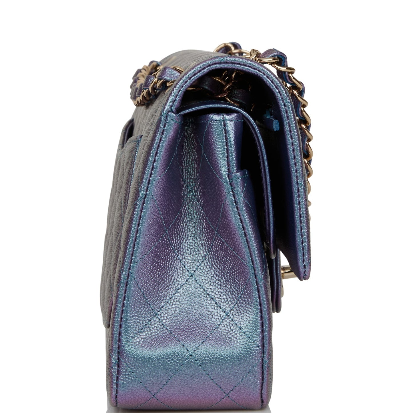 Chanel Medium Classic Double Flap Bag Blue Iridescent Caviar Light Gold Hardware Rovelle Bags