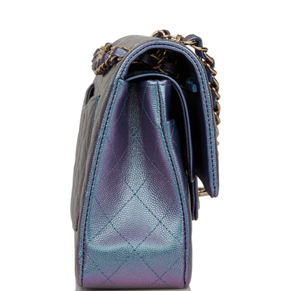 Chanel Medium Classic Double Flap Bag Blue Iridescent Caviar Light Gold Hardware Rovelle Bags