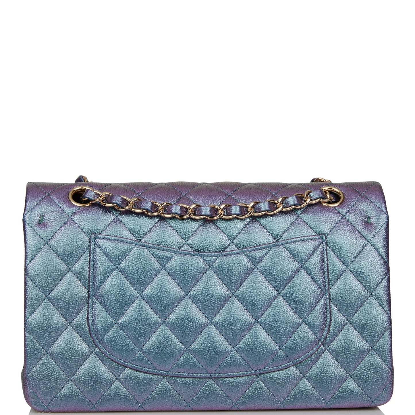 Chanel Medium Classic Double Flap Bag Blue Iridescent Caviar Light Gold Hardware Rovelle Bags