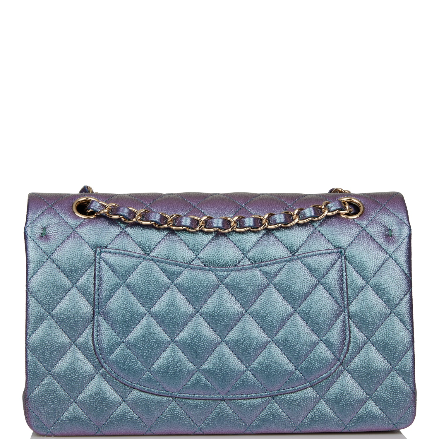 Chanel Medium Classic Double Flap Bag Blue Iridescent Caviar Light Gold Hardware Rovelle Bags