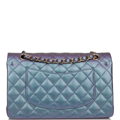 Chanel Medium Classic Double Flap Bag Blue Iridescent Caviar Light Gold Hardware Rovelle Bags