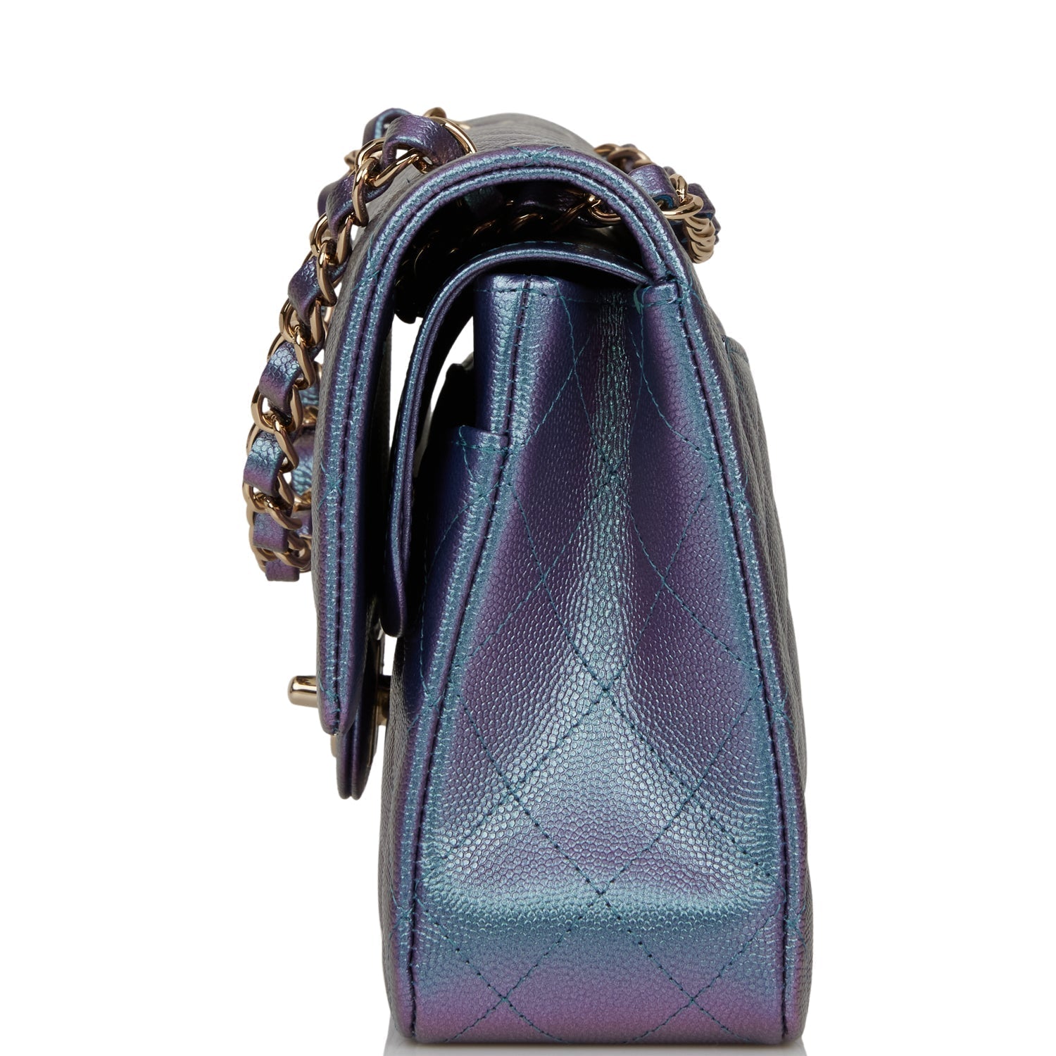 Chanel Medium Classic Double Flap Bag Blue Iridescent Caviar Light Gold Hardware Rovelle Bags