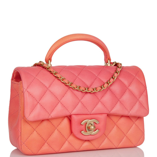 Chanel Mini Rectangular Flap Bag With Top Handle Orange Ombre Lambskin Antique Gold Hardware Rovelle Bags