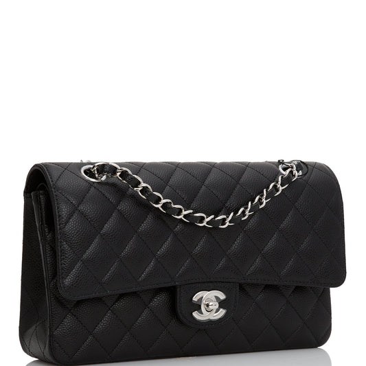 Chanel Medium Classic Double Flap Bag Black Quilted Caviar Silver Hardware Rovelle Bags