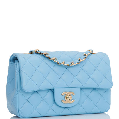 Chanel Mini Rectangular Flap Bag Blue Lambskin Light Gold Hardware Rovelle Bags