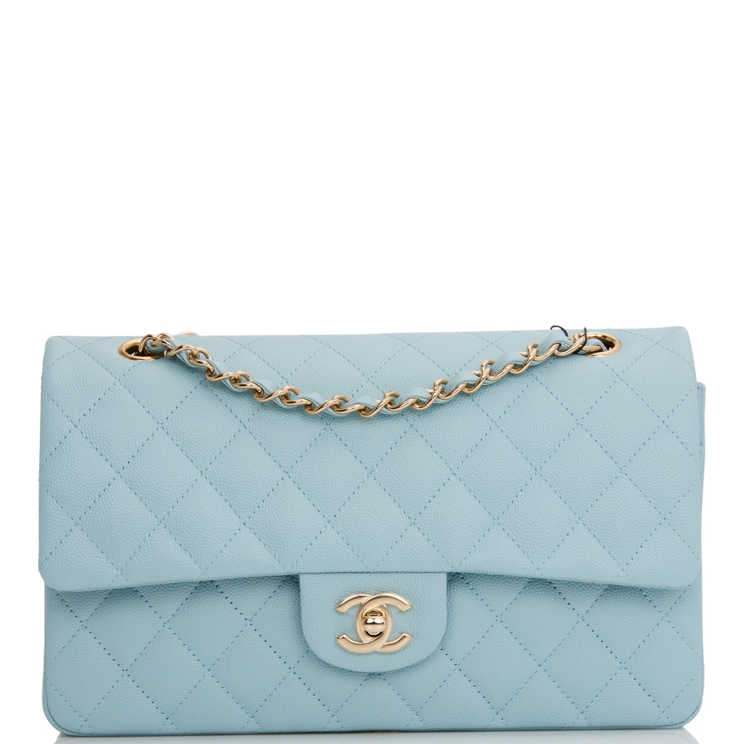 Chanel Medium Classic Double Flap Bag Blue Quilted Caviar Light Gold Hardware Rovelle Bags