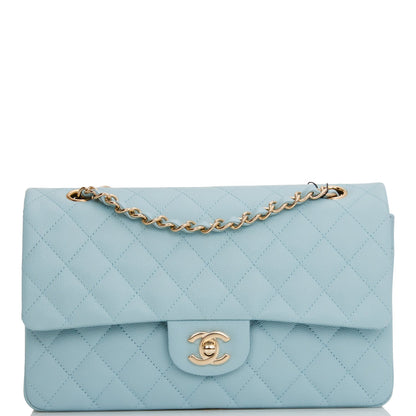 Chanel Medium Classic Double Flap Bag Blue Quilted Caviar Light Gold Hardware Rovelle Bags
