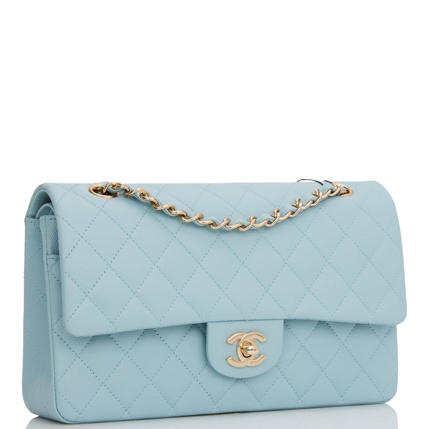 Chanel Medium Classic Double Flap Bag Blue Quilted Caviar Light Gold Hardware Rovelle Bags