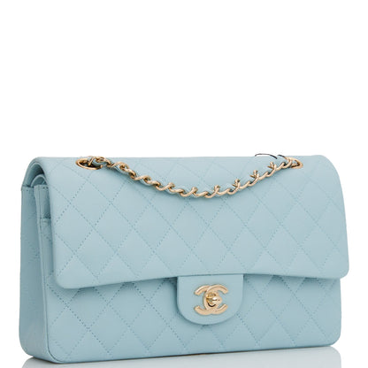 Chanel Medium Classic Double Flap Bag Blue Quilted Caviar Light Gold Hardware Rovelle Bags