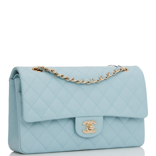 Chanel Medium Classic Double Flap Bag Blue Quilted Caviar Light Gold Hardware Rovelle Bags