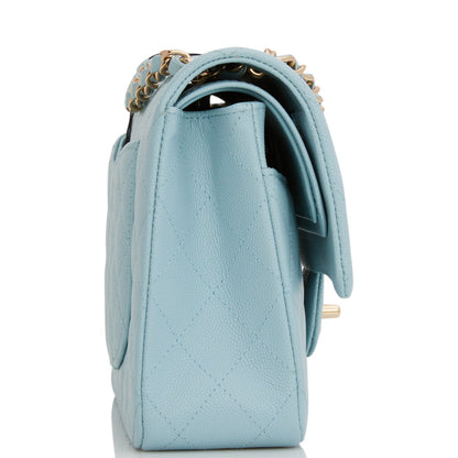 Chanel Medium Classic Double Flap Bag Blue Quilted Caviar Light Gold Hardware Rovelle Bags