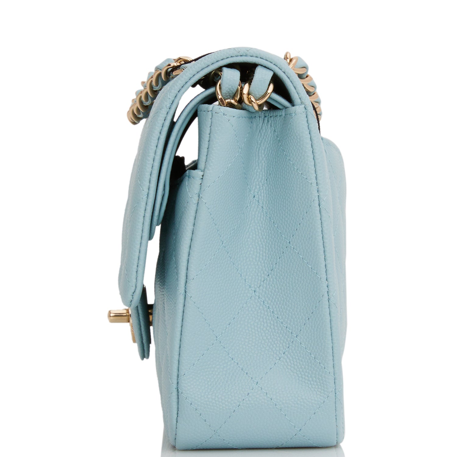 Chanel Medium Classic Double Flap Bag Blue Quilted Caviar Light Gold Hardware Rovelle Bags