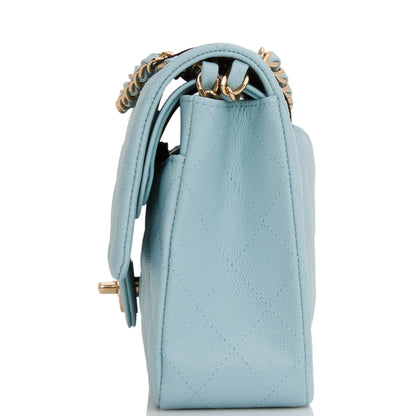 Chanel Medium Classic Double Flap Bag Blue Quilted Caviar Light Gold Hardware Rovelle Bags