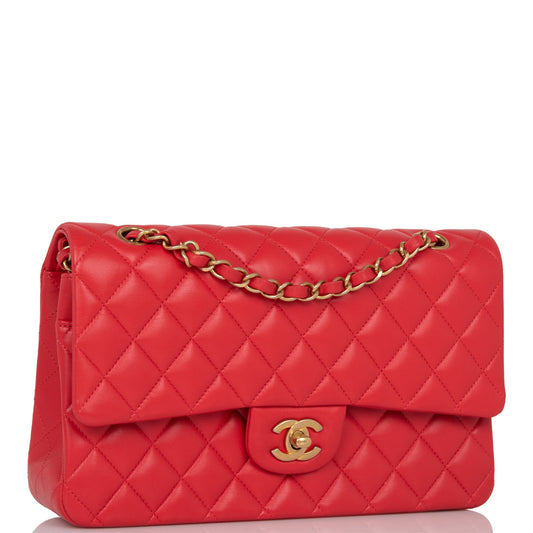 Chanel Medium Classic Double Flap Bag Red Lambskin Antique Gold Hardware Rovelle Bags