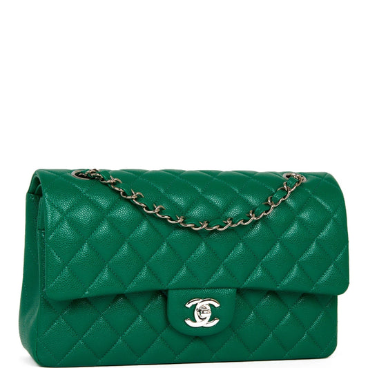 Chanel Medium Classic Double Flap Bag Green Caviar Silver Hardware Rovelle Bags