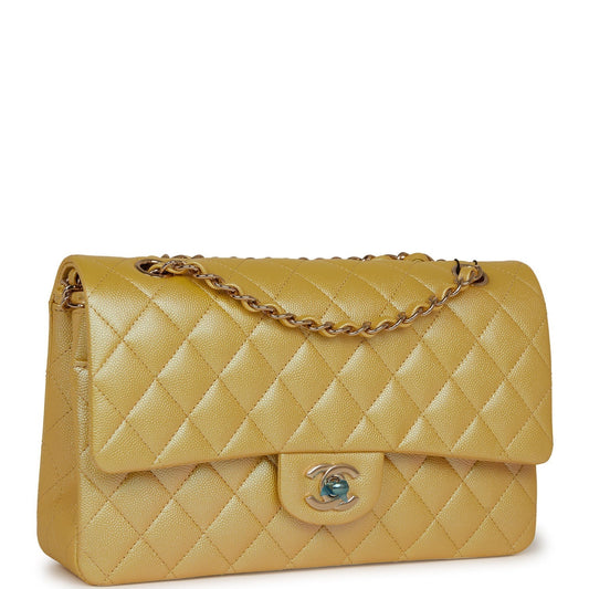 Chanel Medium Classic Double Flap Bag Yellow Iridescent Caviar Light Gold Hardware Rovelle Bags