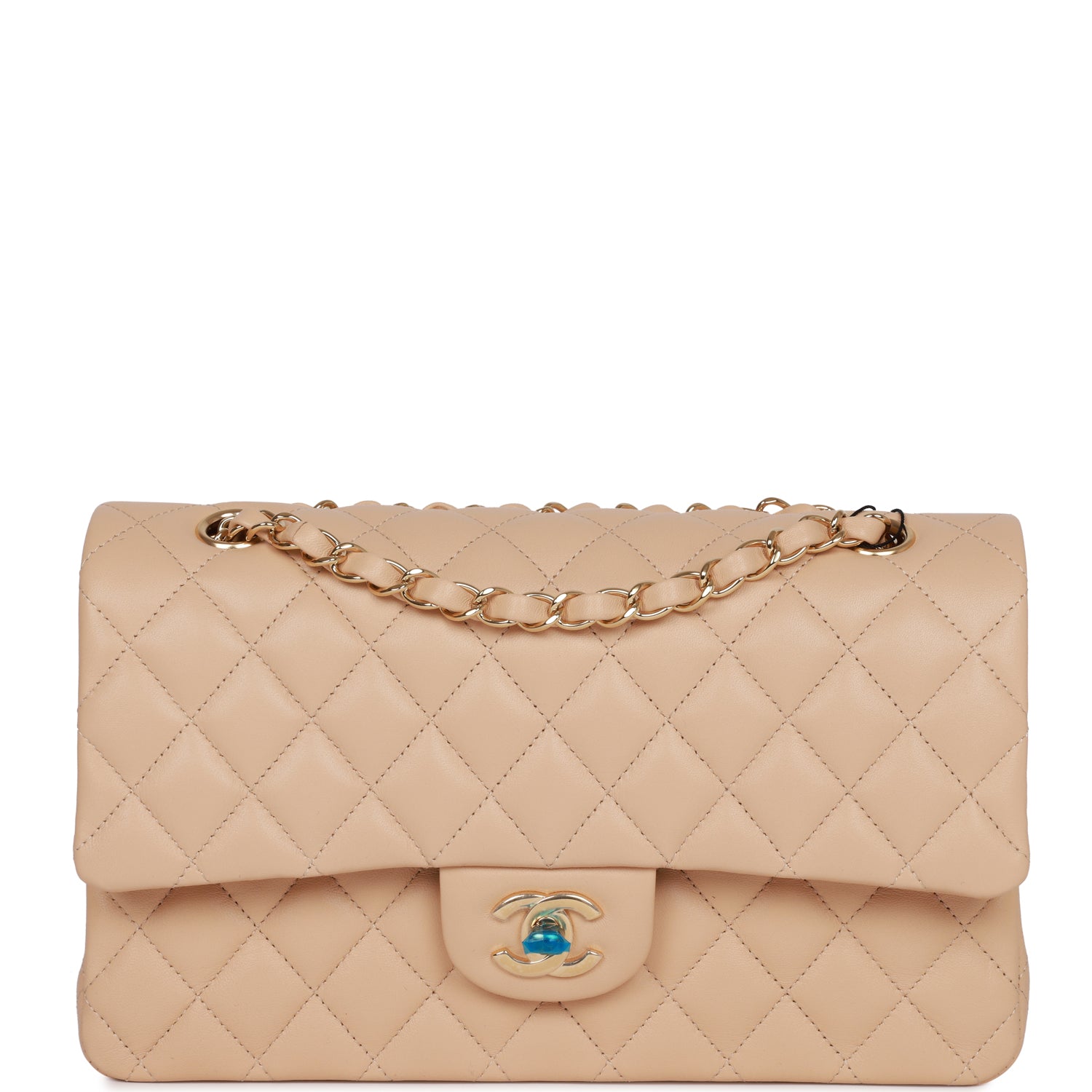 Chanel Medium Classic Double Flap Bag Beige Lambskin Light Gold Hardware Rovelle Bags