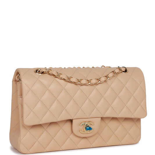 Chanel Medium Classic Double Flap Bag Beige Lambskin Light Gold Hardware Rovelle Bags