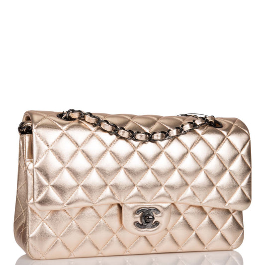 Chanel Medium Classic Double Flap Bag Metallic Gold Lambskin Black Hardware Rovelle Bags
