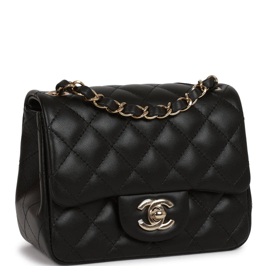 Chanel Mini Square Flap Bag Black Lambskin Light Gold Hardware Rovelle Bags