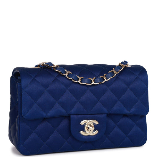 Chanel Mini Rectangular Flap Bag Blue Satin Light Gold Hardware Rovelle Bags