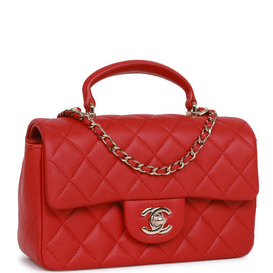 Chanel Mini Rectangular Flap Bag With Top Handle Red Lambskin Light Gold Hardware Rovelle Bags