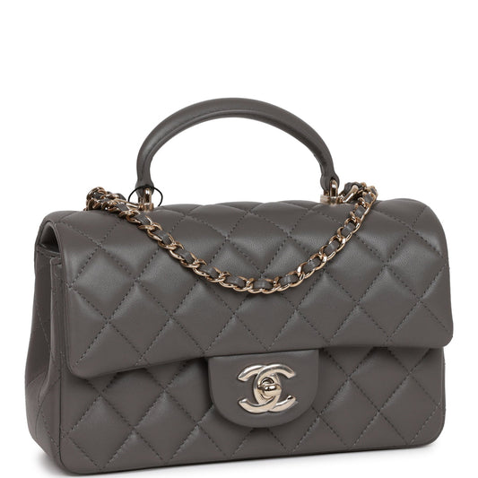Chanel Mini Rectangular Flap Bag With Top Handle Dark Grey Lambskin Light Gold Hardware Rovelle Bags