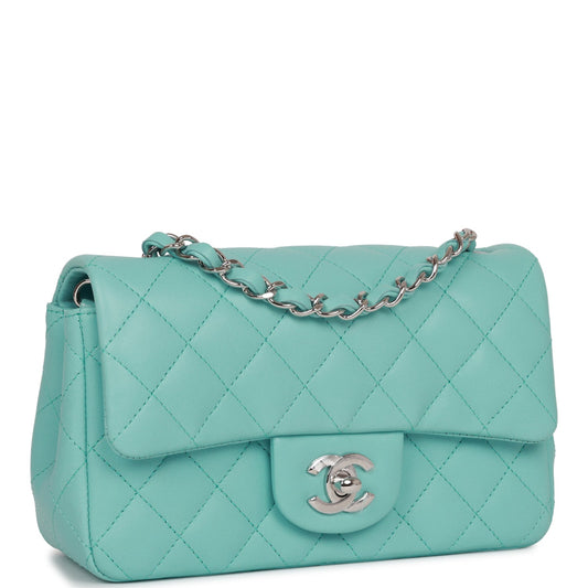 Chanel Mini Rectangular Flap Bag Turquoise Lambskin Silver Hardware Rovelle Bags