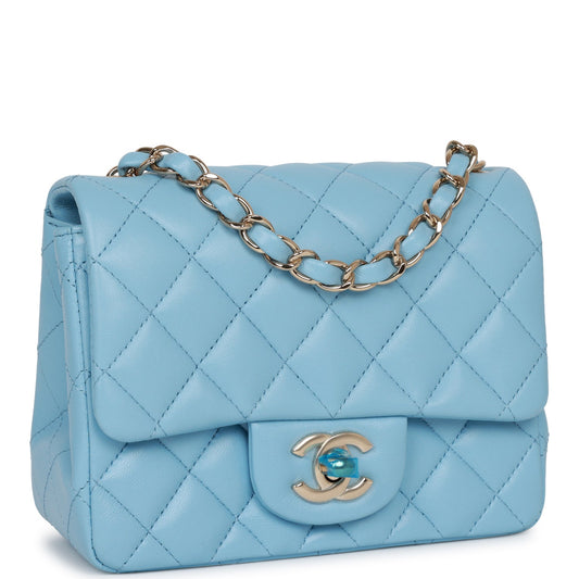 Chanel Mini Square Flap Bag Blue Lambskin Light Gold Hardware Rovelle Bags