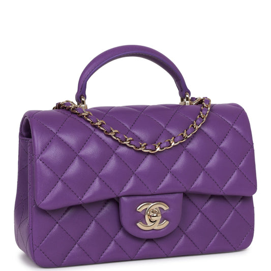 Chanel Mini Rectangular Flap With Top Handle Purple Lambskin Light Gold Hardware Rovelle Bags