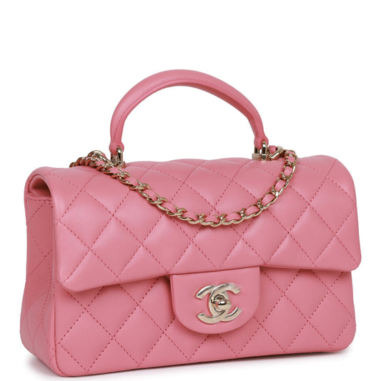 Chanel Mini Rectangular Flap With Top Handle Dark Pink Lambskin Light Gold Hardware Rovelle Bags