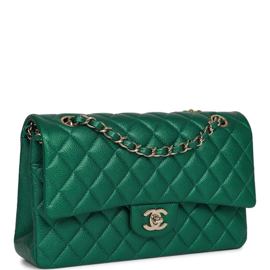 Chanel Medium Classic Double Flap Bag Green Metallic Caviar Light Gold Hardware Rovelle Bags