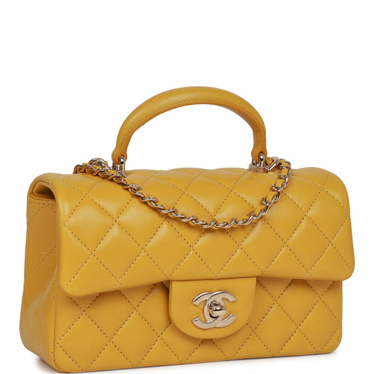 Chanel Mini Rectangular Flap With Top Handle Yellow Lambskin Light Gold Hardware Rovelle Bags