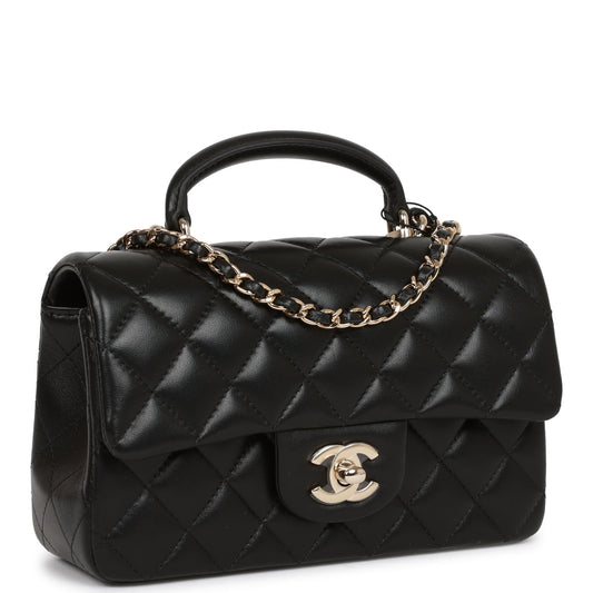 Chanel Mini Rectangular Flap Bag With Top Handle Black Lambskin Light Gold Hardware Rovelle Bags