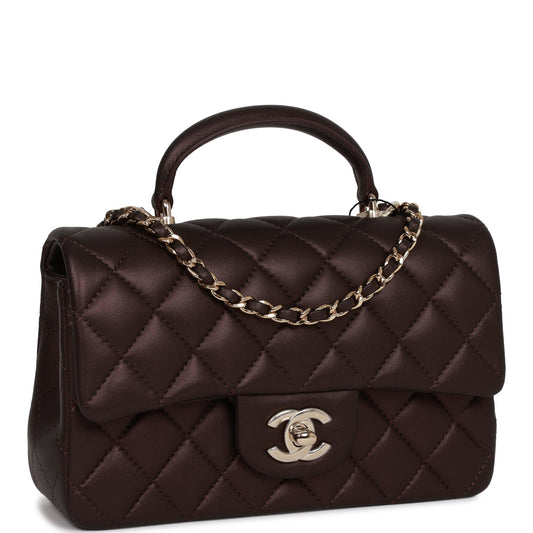Chanel Mini Rectangular Flap Bag With Top Handle Burgundy Lambskin Light Gold Hardware Rovelle Bags