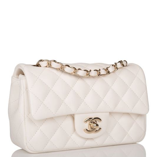 Chanel White Quilted Lambskin Rectangular Mini Classic Flap Bag Light Gold Hardware Rovelle Bags