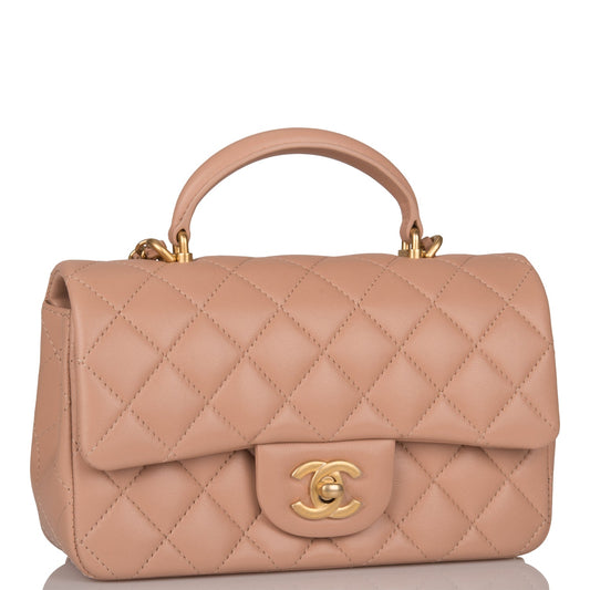Chanel Mini Rectangular Flap With Top Handle Beige Lambskin Antique Gold Hardware Rovelle Bags